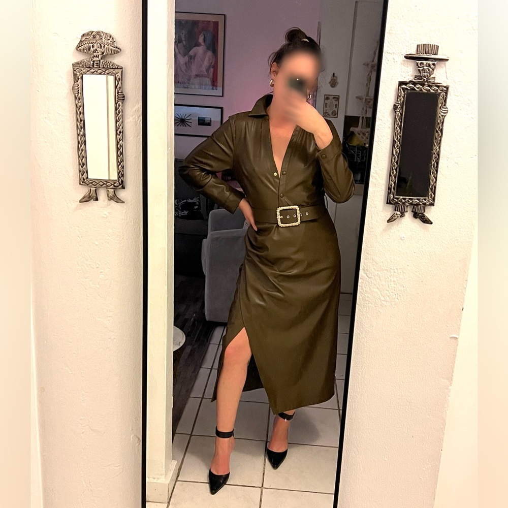 Zara Belted Faux Leather Dress Khaki Lapel collar midi long sleeved dress size L